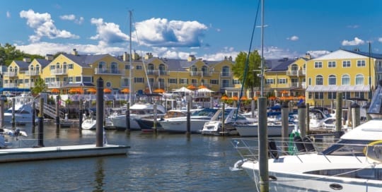 Boats in a marina in front of Saybrook Point Resort & Marina on a sunny day.