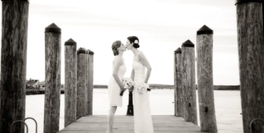 Brides on pier.