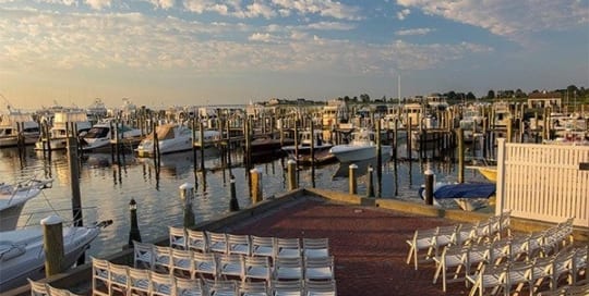 Wedding venue setup at a marina.