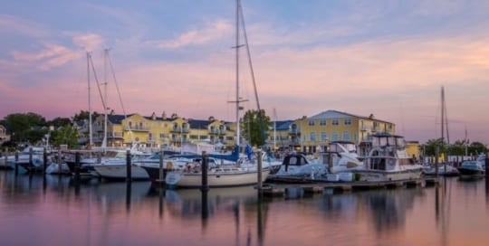 Marina and hotel at sunrise.